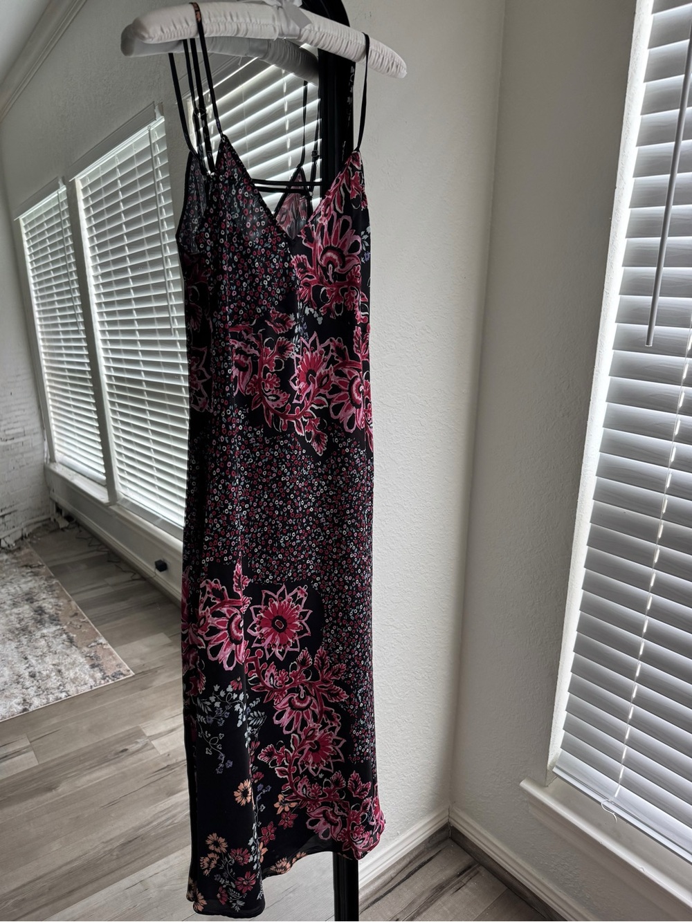 Free People Black Slip Dress with Pink Floral Print
